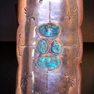 Early Navajo Morenci Four (4) Stons Sterling Silver Old Pawn Ketoh Bow Guard